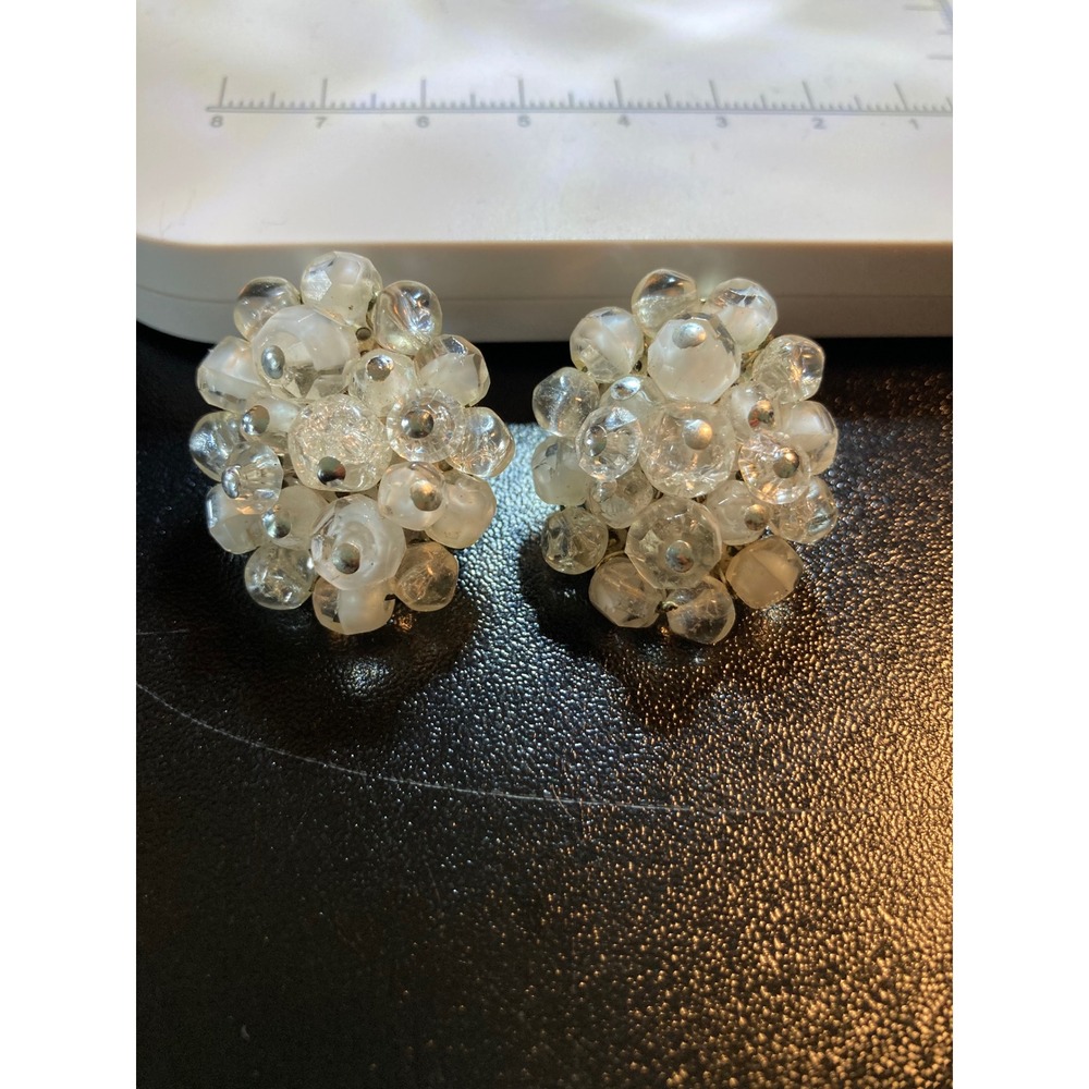 Vintage West Germany Glass Bead Cluster Clip On Earrings Clear Frosted Silver